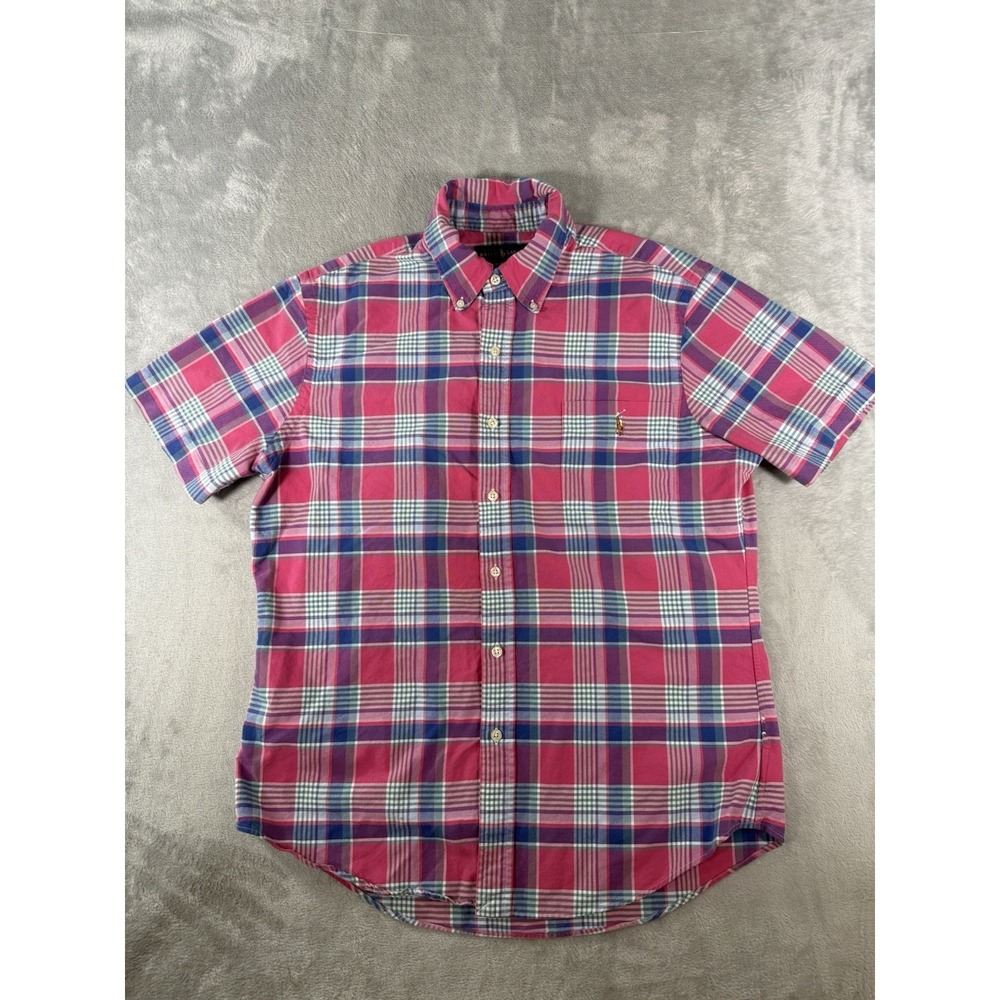 Ralph‎ Lauren Shirt Men's Large Slim Fit Plaid Flesh Pony Short Sleeve Button Up